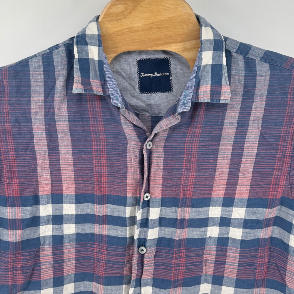 Tommy Bahama Mens Large Blue Red Plaid‎ Linen Cotton Long Sleeve Button Up Shirt